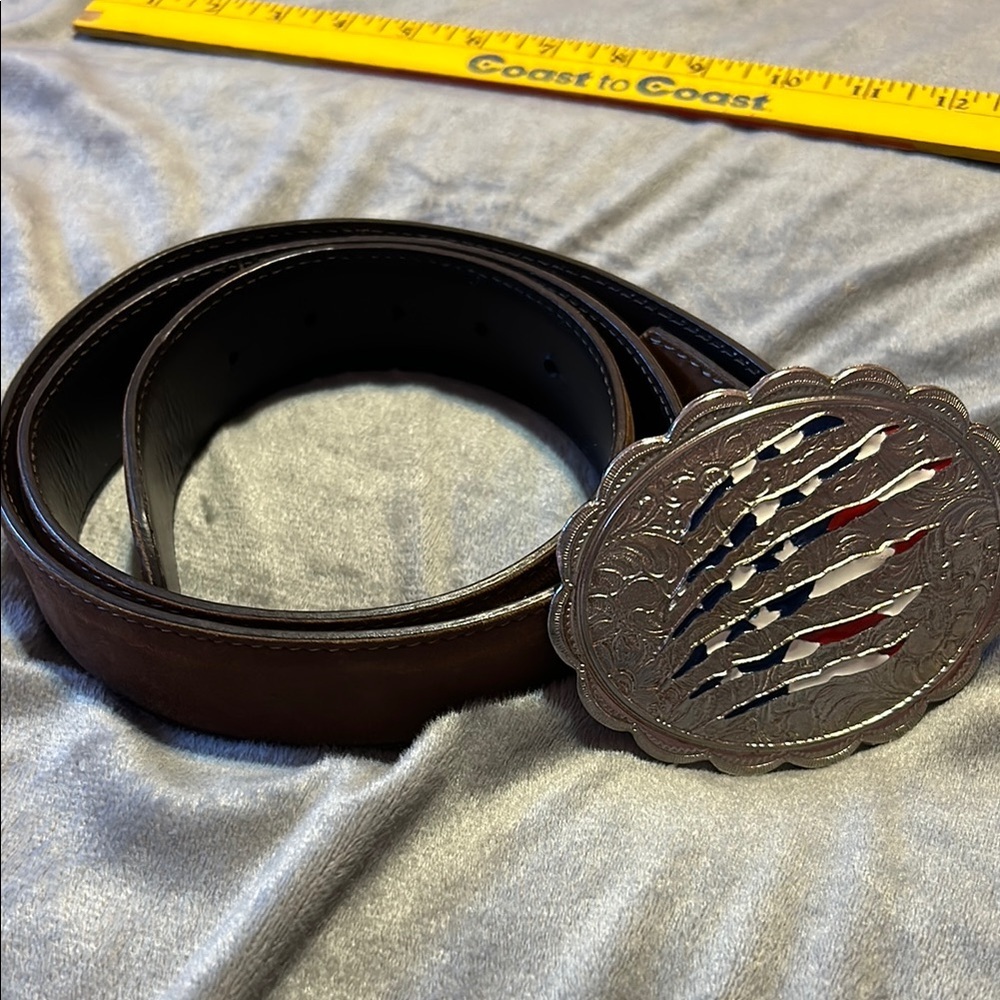 SHYANNE woman’s XL Brown Leather Belt Silver Buckle Americana  cowgirl flag
